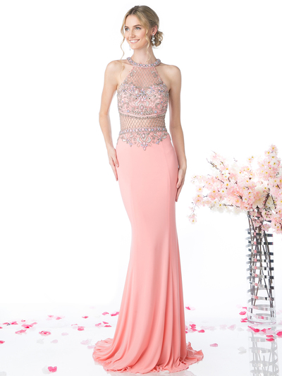 FY-CR720 Halter Illusion Beaded Mermaid Evening Dress - Rose, Front View Medium
