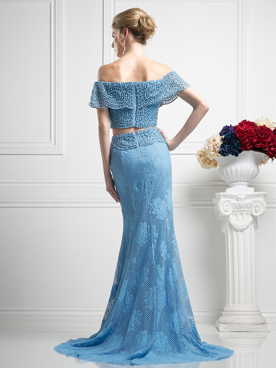 FY-CR755 Two Piece Crochet Beading Mermaid Prom Dress - Perry Blue, Back View Medium