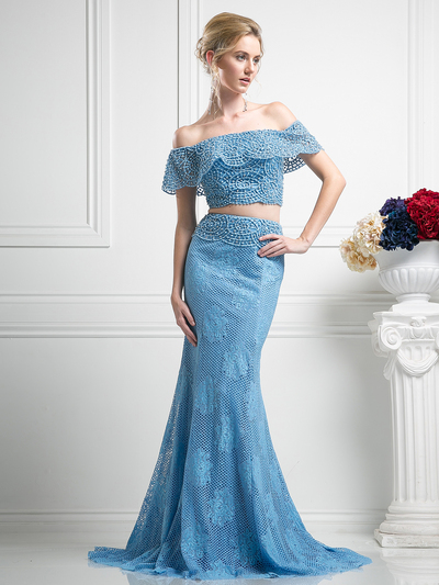 FY-CR755 Two Piece Crochet Beading Mermaid Prom Dress - Perry Blue, Front View Medium