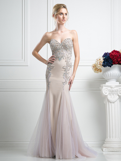 FY-F501 Sweetheart Beaded Prom Gown with Godet Hem - Champagne, Front View Medium