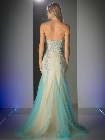FY-F501 Sweetheart Beaded Prom Gown with Godet Hem - Turquoise, Back View Medium