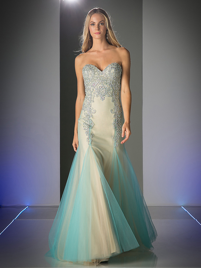 FY-F501 Sweetheart Beaded Prom Gown with Godet Hem - Turquoise, Front View Medium