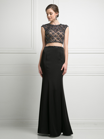 FY-KD036 High Neck Beaded Top Two Piece Evening Dress - Black, Front View Medium