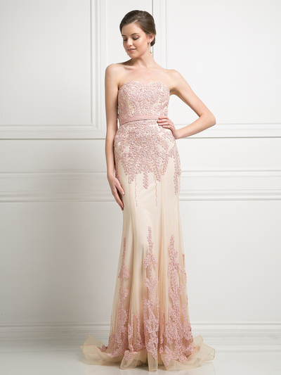 FY-KD081 Sleeveless Embroidery Evening Gown with Belt - Rose, Front View Medium