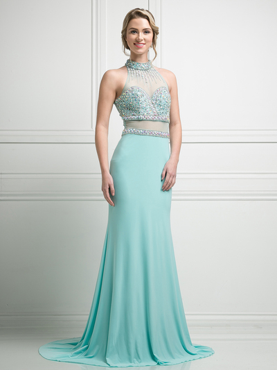 FY-KD087 High Neck Mock Two Piece Evening Gown with Train - Mint, Front View Medium