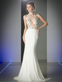 FY-ML6111 Halter Floral Top Evening Dress with Train - Off White, Front View Thumbnail