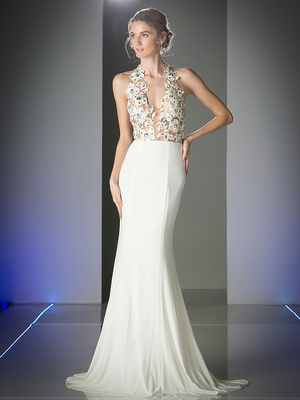 FY-ML6111 Halter Floral Top Evening Dress with Train, Off White