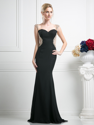 FY-SL772 Cap Sleeve Sweetheart Evening Dress with Mermaid Hem - Black, Front View Medium
