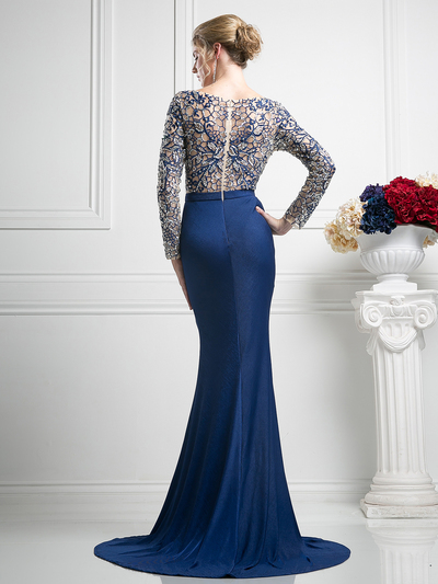 FY-SL775 Illusion Mother of the Bride Dress with Beading - Navy, Back View Medium
