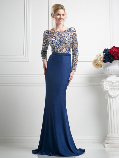 FY-SL775 Illusion Mother of the Bride Dress with Beading - Navy, Front View Medium
