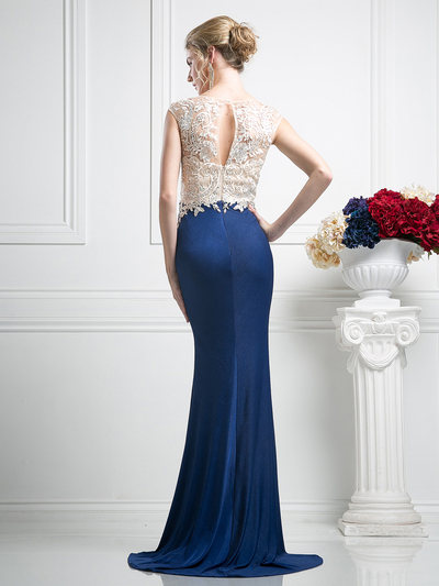 FY-SL776 V-Neck Embroidery Top Evening Dress with Train - Navy, Back View Medium