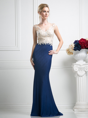FY-SL776 V-Neck Embroidery Top Evening Dress with Train, Navy