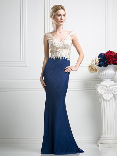 FY-SL776 V-Neck Embroidery Top Evening Dress with Train - Navy, Front View Medium
