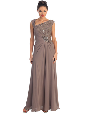 GL1003 Asymmetrical Neckline Evening Dress, Light Brown