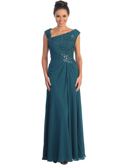 GL1003 Asymmetrical Neckline Evening Dress - Teal, Front View Medium