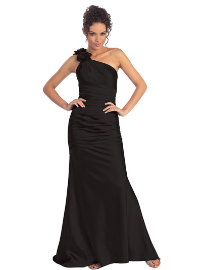 GL1018 One Shoulder Charmeuse Pleated Evening Gown - Black, Front View Medium
