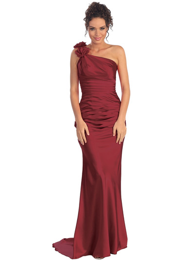 GL1018 One Shoulder Charmeuse Pleated Evening Gown - Burgundy, Front View Medium
