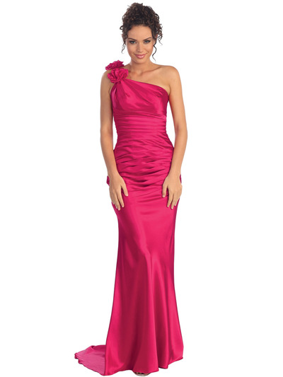 GL1018 One Shoulder Charmeuse Pleated Evening Gown - Fuschia, Front View Medium