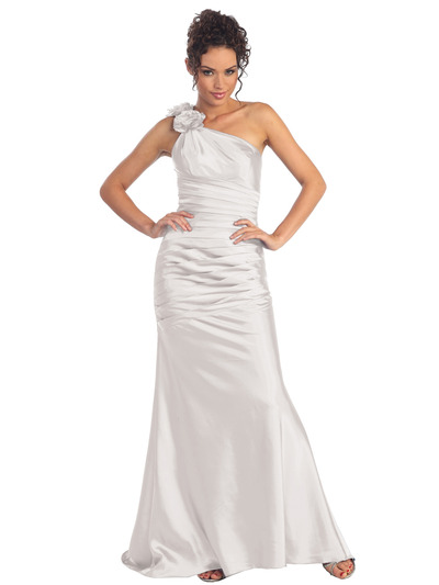 GL1018 One Shoulder Charmeuse Pleated Evening Gown - Ivory, Front View Medium