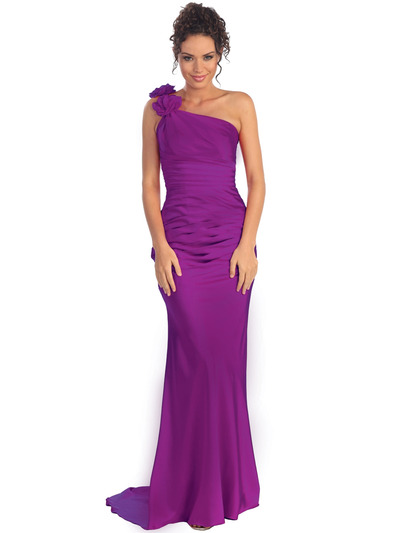 GL1018 One Shoulder Charmeuse Pleated Evening Gown - Purple, Front View Medium