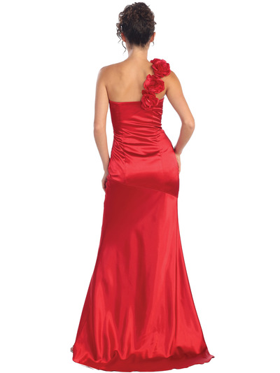 GL1018 One Shoulder Charmeuse Pleated Evening Gown - Red, Back View Medium