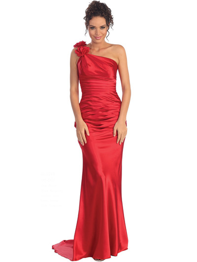 GL1018 One Shoulder Charmeuse Pleated Evening Gown - Red, Front View Medium