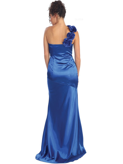 GL1018 One Shoulder Charmeuse Pleated Evening Gown - Royal, Back View Medium