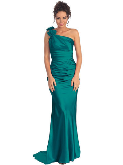 GL1018 One Shoulder Charmeuse Pleated Evening Gown - Teal, Front View Medium