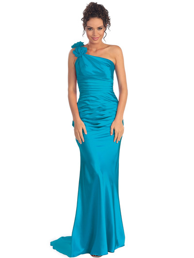GL1018 One Shoulder Charmeuse Pleated Evening Gown - Turquoise, Front View Medium