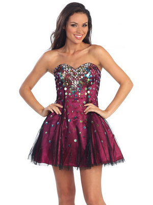 GL1023 Sequin and Tulle Overlay Party Dress, Fuschia
