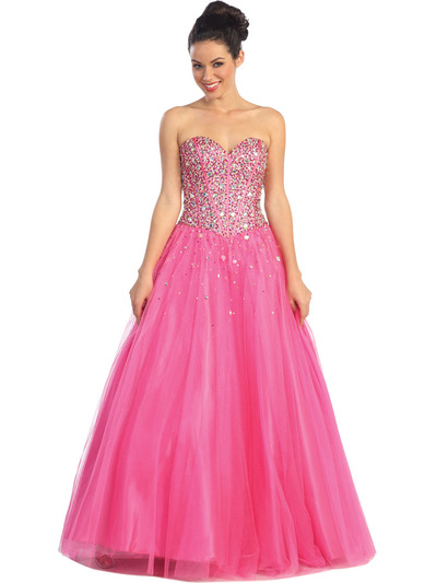 GL1063 Jeweled Top Sweetheart Prom Gown - Fuschia, Front View Medium