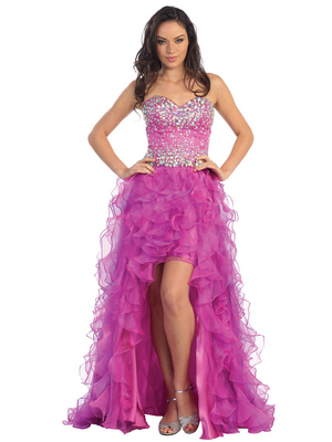GL1098 Embellished Ruffled Skirt High/Low Prom Gown, Fuschia