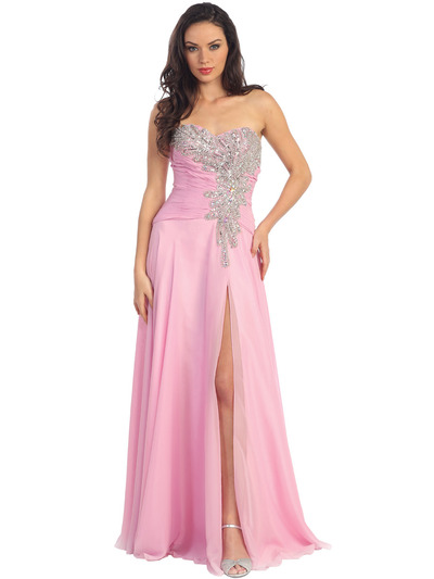 GL1114 Pleated Bodice Beaded Bustline Sweetheart Prom Dress - Pink, Front View Medium