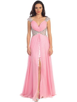 GL1130 Embellished Cap sleeve Deep V-back Prom Evening Dress, Pink