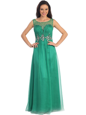 GL1131 Vintage Inspired Sheer Neckline Evening Dress, Emerald Green