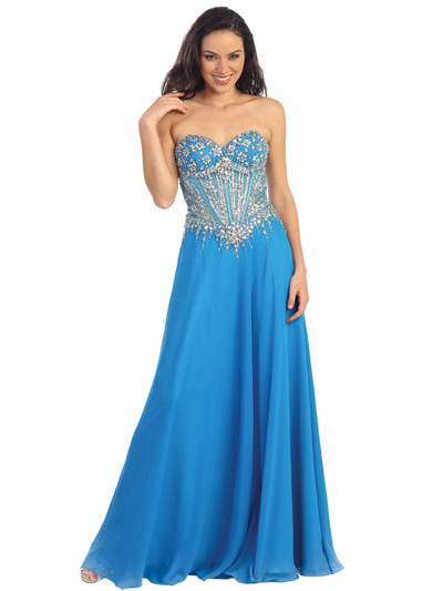 GL1132 Ocean Blue Sweetheart Neckline Embellished Bodice Prom Dress - Ocean Blue, Front View Medium