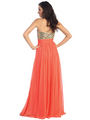 GL1153 Metallic Jeweled Bodice A-line Evening Dress - Coral, Back View Thumbnail
