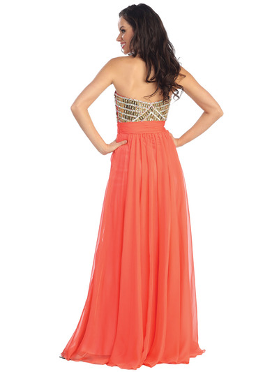 GL1153 Metallic Jeweled Bodice A-line Evening Dress - Coral, Back View Medium