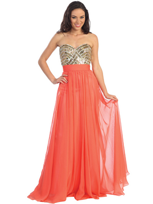 GL1153 Metallic Jeweled Bodice A-line Evening Dress, Coral