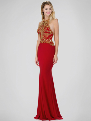 GL1301P Halter Top Prom Evening Dress with Beading, Red