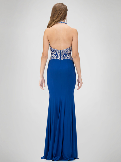 GL1301X Halter Top Prom Evening Dress with Beading - Royal Blue, Back View Medium