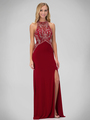 GL1302P Halter Beaded Top Evening Dress with Slit - Red, Front View Thumbnail
