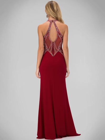 GL1302P Halter Beaded Top Evening Dress with Slit - Red, Back View Medium