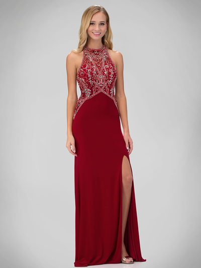 GL1302P Halter Beaded Top Evening Dress with Slit - Red, Front View Medium