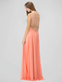 GL1305P Floor Length Beaded Chiffon Gown with Sheer Back - Coral, Back View Thumbnail