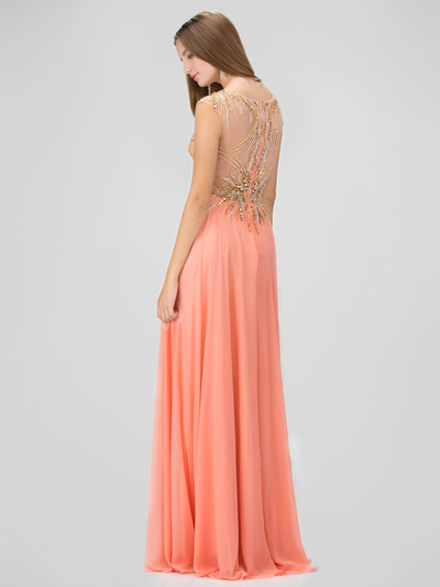 GL1305P Floor Length Beaded Chiffon Gown with Sheer Back - Coral, Back View Medium