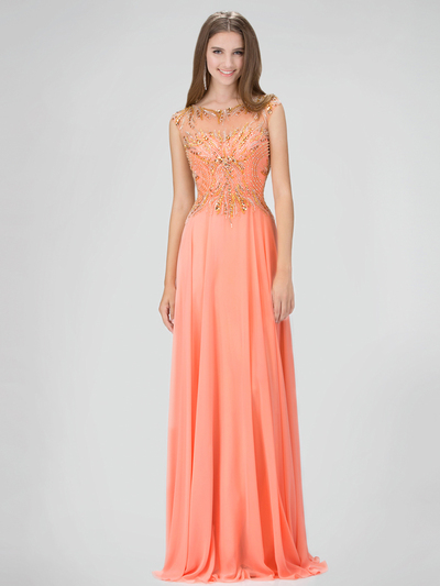 GL1305P Floor Length Beaded Chiffon Gown with Sheer Back - Coral, Front View Medium