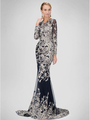 GL1307P Floral Beading Evening Dress with Court Train - Navy, Front View Thumbnail