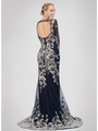 GL1307P Floral Beading Evening Dress with Court Train - Navy, Back View Thumbnail
