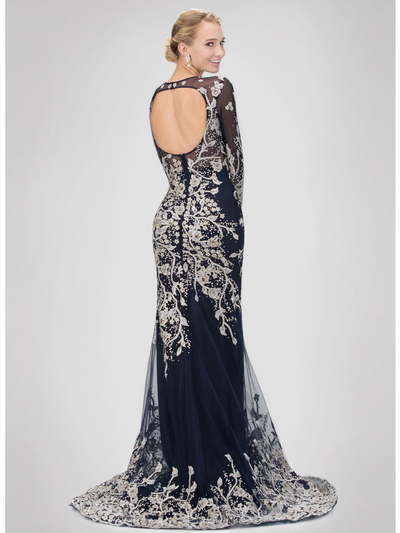 GL1307P Floral Beading Evening Dress with Court Train - Navy, Back View Medium